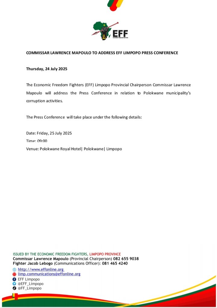 EFF_Limpopo's tweet image. ♦️Media Alert ♦️
COMMISSAR LAWRENCE MAPOULO TO ADDRESS EFF LIMPOPO PRESS CONFERENCE
The Economic Freedom Fighters (EFF) Limpopo Provincial Chairperson Commissar Lawrence Mapoulo will address the press conference in relation to Polokwane municipality’s corruption activities.…
