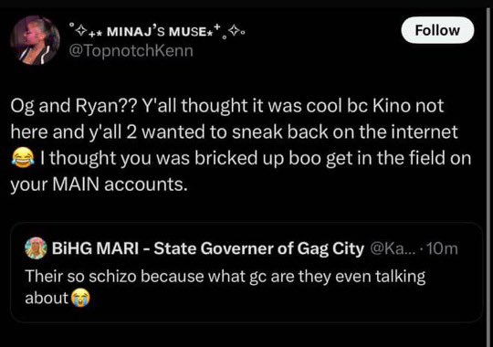 KamariCalamari's tweet image. Another delulu kinetic claiming that I’m OG Barbie or Ryan (still don’t know who that is)…
I said I’m about to eat breakfast, so how can I be either of them? Ryan is Chinese (5 PM there) and OG is Australian (7PM). Trying to school me on English and you can barely speak it…🤡