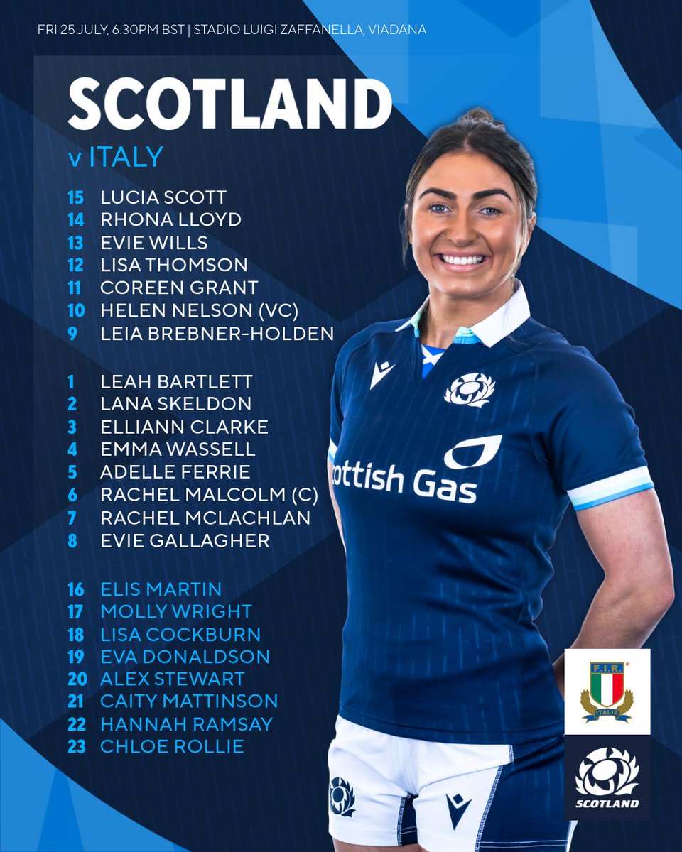 Gary Heatly (@g_hmedia) on Twitter photo Emma Wassell will play for <a href="/Scotlandteam/">Scottish Rugby</a> in the Summer Test V Italy after recovering from a tumour in her chest...
Scott, Wills, Grant + Ferrie also join the starting XV from the last game with Wright, Cockburn, Donaldson, Stewart, Mattinson + newbie Ramsay added to bench Emma Wassell will play for <a href="/Scotlandteam/">Scottish Rugby</a> in the Summer Test V Italy after recovering from a tumour in her chest...
Scott, Wills, Grant + Ferrie also join the starting XV from the last game with Wright, Cockburn, Donaldson, Stewart, Mattinson + newbie Ramsay added to bench