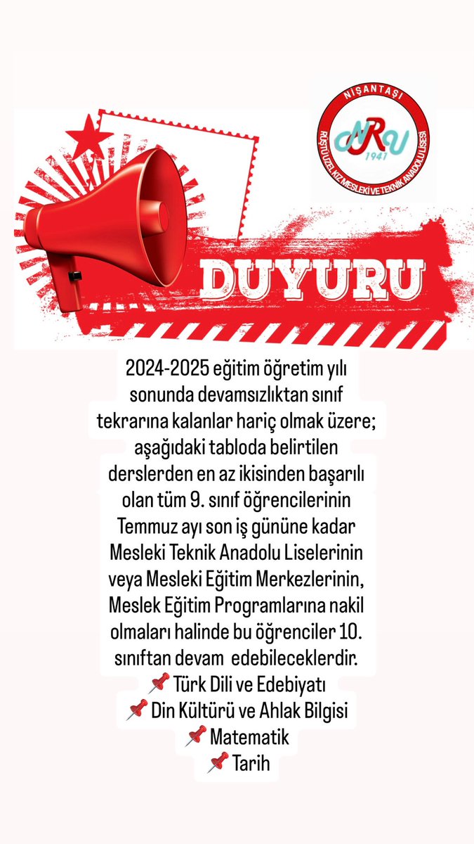2024-2025 Eğitim Öğretim Yılında Sınıf Tekrarına Kalan Öğrencilerimize Önemli Duyuru!!!