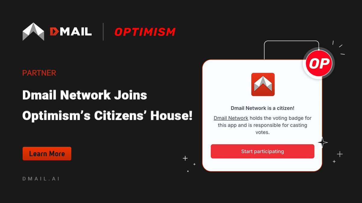 Dmailofficial's tweet image. 🚀 Thrilled to announce DMAIL Network is now part of @Optimism's Citizens' House!
As a top-100 app on #OP Atlas by gas fees, we're recognized as a critical Superchain stakeholder. We’ll keep collaborating with OP Stack ecosystem partners to drive growth and decentralization.…