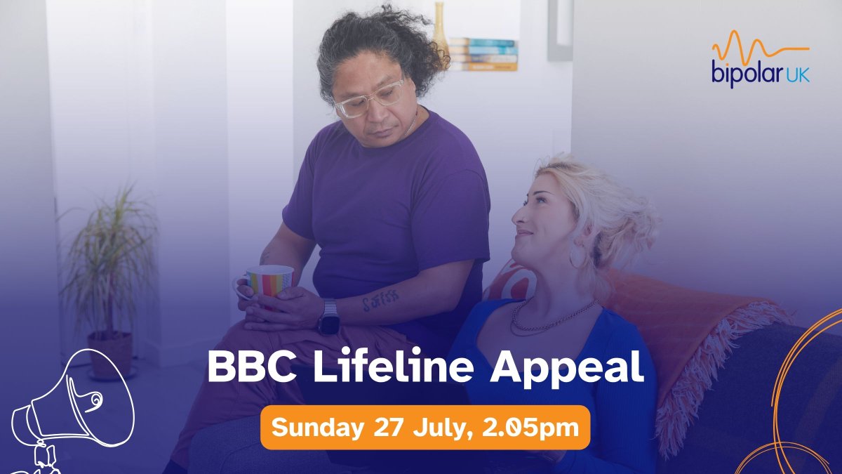 We’re excited to be featured in a BBC Lifeline Appeal, airing on Sunday 27 July at 2.05pm 🙌

Hosted by the brilliant Leah Charles-King, TV presenter and Bipolar UK ambassador, the appeal will spotlight the realities of living with bipolar and the support Bipolar UK offers to our