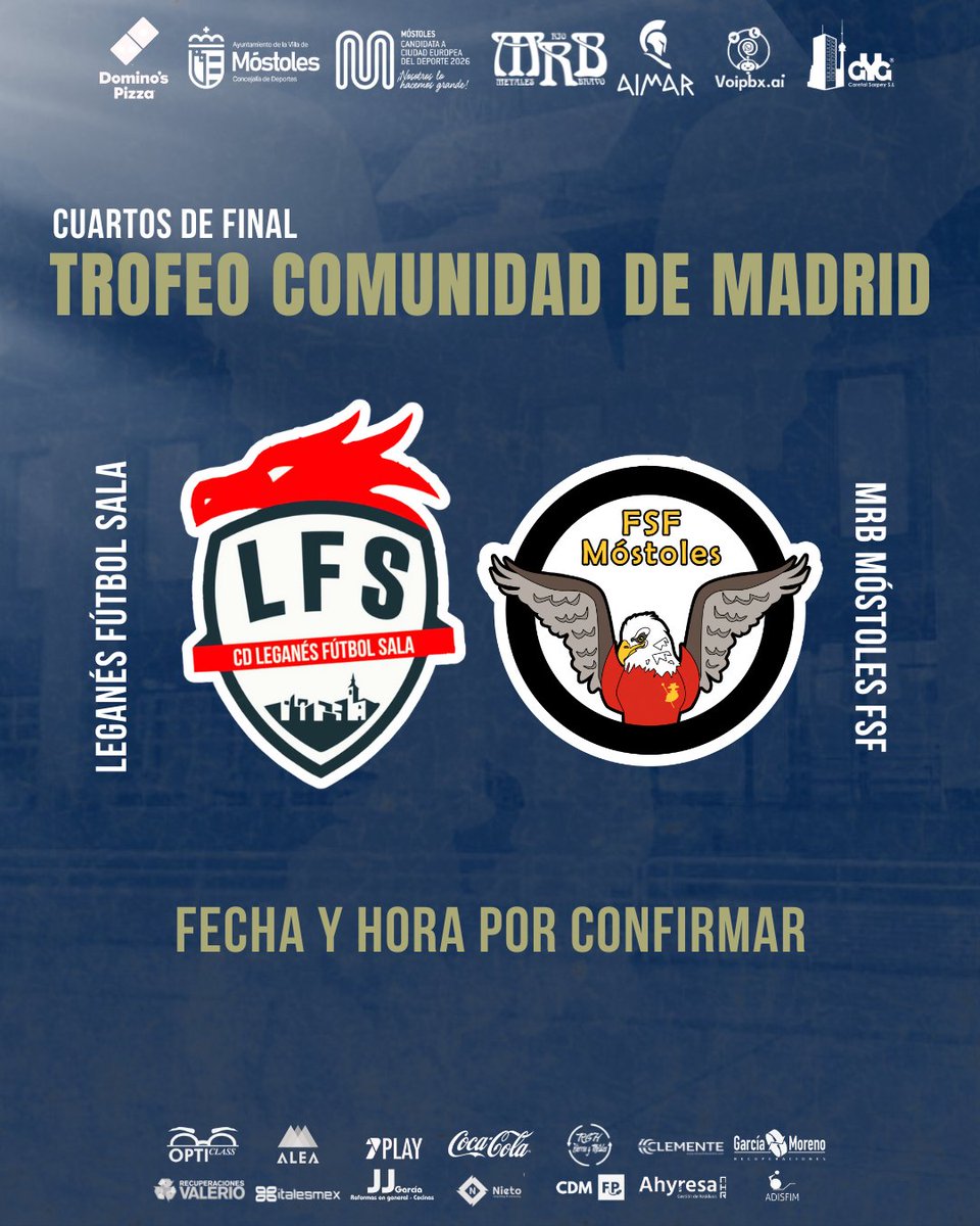 MRB MÓSTOLES FSF (@fsfmostoles) on Twitter photo ¡Ya tenemos rival para el Trofeo de la <a href="/RFFM_oficial/">RFFM</a>!
Nos enfrentaremos al <a href="/CDLeganesFS_Fem/">C.D. Leganés Fútbol Sala Femenino</a> en un partido con fecha y hora por confirmar.
De pasar la eliminatoria, jugaríamos las semifinales contra <a href="/RMajadahondaFS/">Rayo Majadahonda Fútbol Sala</a> o <a href="/cdrivasfutsal/">C.D. Rivas Futsal</a>. ¡Ya tenemos rival para el Trofeo de la <a href="/RFFM_oficial/">RFFM</a>!
Nos enfrentaremos al <a href="/CDLeganesFS_Fem/">C.D. Leganés Fútbol Sala Femenino</a> en un partido con fecha y hora por confirmar.
De pasar la eliminatoria, jugaríamos las semifinales contra <a href="/RMajadahondaFS/">Rayo Majadahonda Fútbol Sala</a> o <a href="/cdrivasfutsal/">C.D. Rivas Futsal</a>.