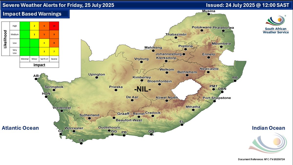 SAWeatherServic's tweet image. Weather forecast for today and tomorrow, 24-25 July 2025:
Partly cloudy and cold to cool with isolated showers and thundershowers.
#saweatheroutlook #saws