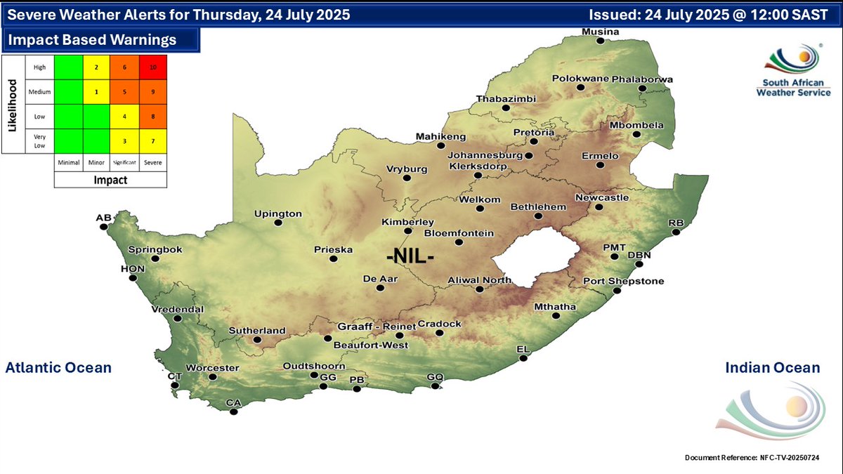 SAWeatherServic's tweet image. Weather forecast for today and tomorrow, 24-25 July 2025:
Partly cloudy and cold to cool with isolated showers and thundershowers.
#saweatheroutlook #saws