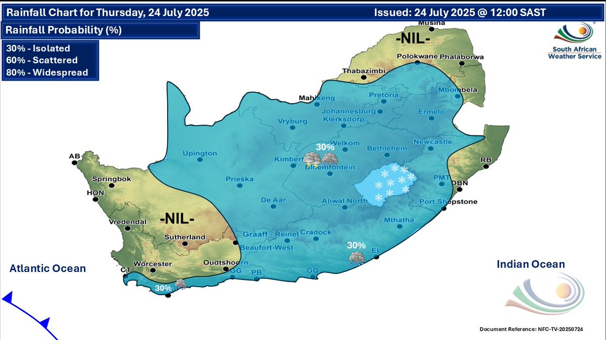 SAWeatherServic's tweet image. Weather forecast for today and tomorrow, 24-25 July 2025:
Partly cloudy and cold to cool with isolated showers and thundershowers.
#saweatheroutlook #saws