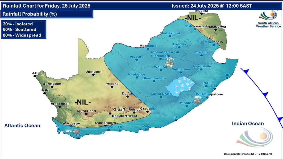 SAWeatherServic's tweet image. Weather forecast for today and tomorrow, 24-25 July 2025:
Partly cloudy and cold to cool with isolated showers and thundershowers.
#saweatheroutlook #saws
