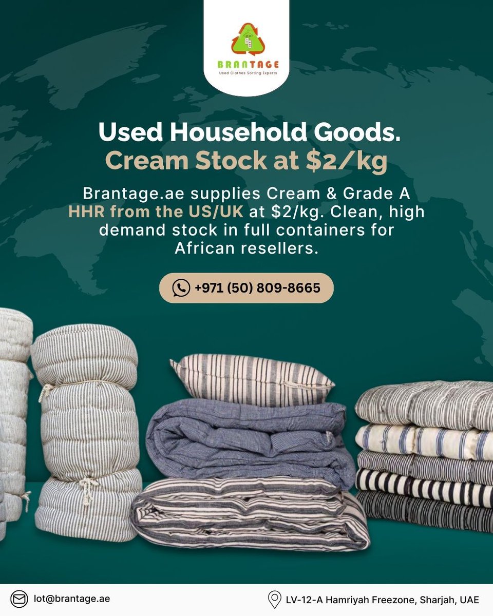 brantage97862's tweet image. 🏡 𝗛𝗛𝗥 𝗮𝘁 $𝟮/𝗸𝗴 — 𝗖𝗿𝗲𝗮𝗺 &amp;amp; 𝗚𝗿𝗮𝗱𝗲 𝗔
🧺 Towels, curtains, bedsheets, robes &amp;amp; more
🚢 Full containers for Africa
🧼 Clean, resale-ready, no junk

📲 +971 50 809 8665
🔗 brantage.ae

#UsedHHR #Brantage #UsedTextiles #ThriftAfrica
