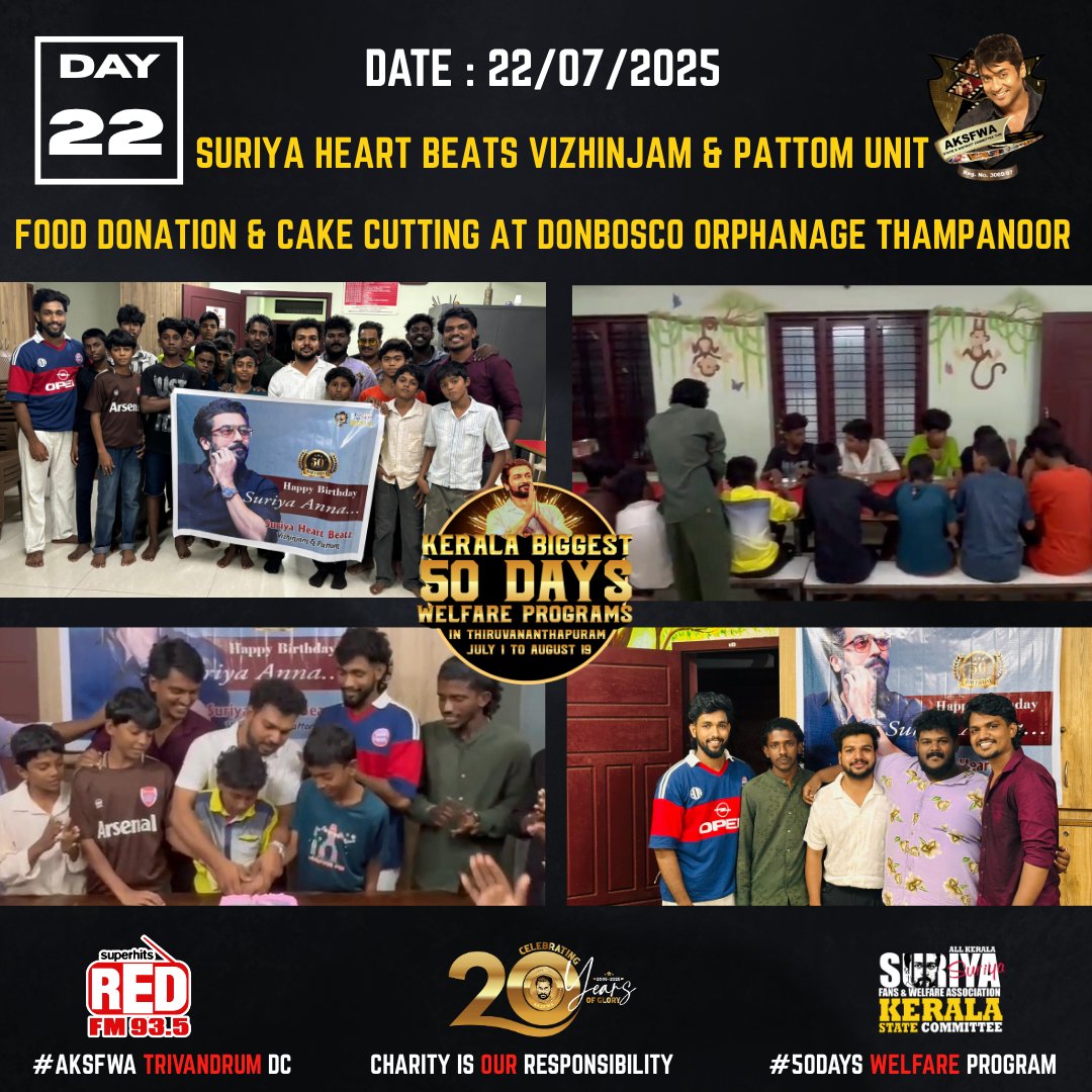 Kerala Suriya Fans Club™ (@aksfwa1) on Twitter photo • Here's the <a href="/AKSFWA1/">Kerala Suriya Fans Club™</a> Trivandrum Grand 50 days welfare programs 🔥 #Suriya50
Day 22 | SURIYA HEART BEATS VIZHINJAM & PATTOM UNIT | Welfare Program ❤️👍
July 1 to August 19 | #KeralaSFC
#CharityIsOurResponsibility
<a href="/Suriya_offl/">Suriya Sivakumar</a> <a href="/rajsekarpandian/">Rajsekar Pandian</a> <a href="/venkatvnt/">venkat vicky</a> <a href="/sarathlal428/">Sarath lal Surya karthi 💞</a> • Here's the <a href="/AKSFWA1/">Kerala Suriya Fans Club™</a> Trivandrum Grand 50 days welfare programs 🔥 #Suriya50
Day 22 | SURIYA HEART BEATS VIZHINJAM & PATTOM UNIT | Welfare Program ❤️👍
July 1 to August 19 | #KeralaSFC
#CharityIsOurResponsibility
<a href="/Suriya_offl/">Suriya Sivakumar</a> <a href="/rajsekarpandian/">Rajsekar Pandian</a> <a href="/venkatvnt/">venkat vicky</a> <a href="/sarathlal428/">Sarath lal Surya karthi 💞</a>