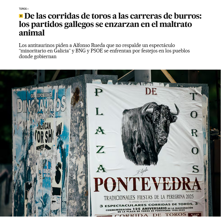 ruben_prz's tweet image. Reseña sobre la lucha que se está dando en #Galicia contra la violencia ejercida sobre animales, desde la tauromafia en #Pontevedra a la explotación de burros en #Padrón.

📰 elpais.com/espana/galicia…