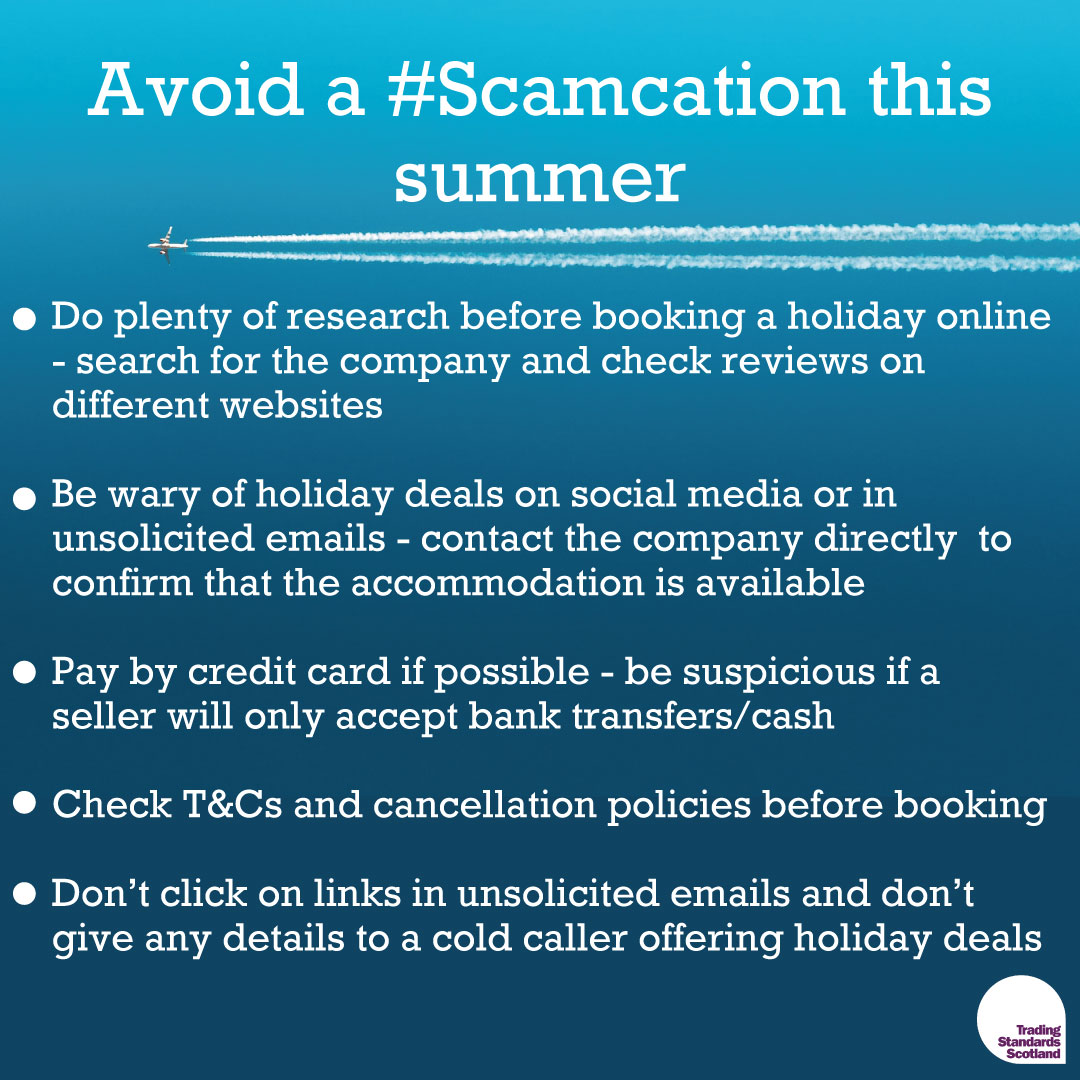 TSScot's tweet image. Thinking of booking a last-minute summer getaway?
Be wary of holiday scams such as:
🏘️fake accommodation listings on social media
📞cold calls & unsolicited emails offering holiday deals
💻scam websites
✅fake reviews on popular travel sites
Read more➡️tsscot.co.uk/holiday-scams