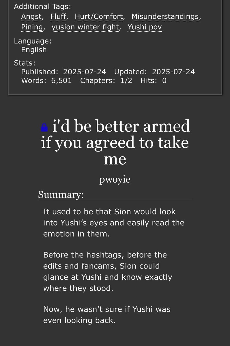 absorpsion's tweet image. finally posting my first wish fic…
🌷 yusion / onyut
⭐️ an analysis kinda
🌷 angst, fluff, hurt/comfort, misunderstandings, pining
⭐️ canon compliant ft. awkward, frustrated, a bit sad very tender yusion. WILL INCLUDE THEIR WINTER FIGHT BE PREPARED
🔗 archiveofourown.org/works/68072186