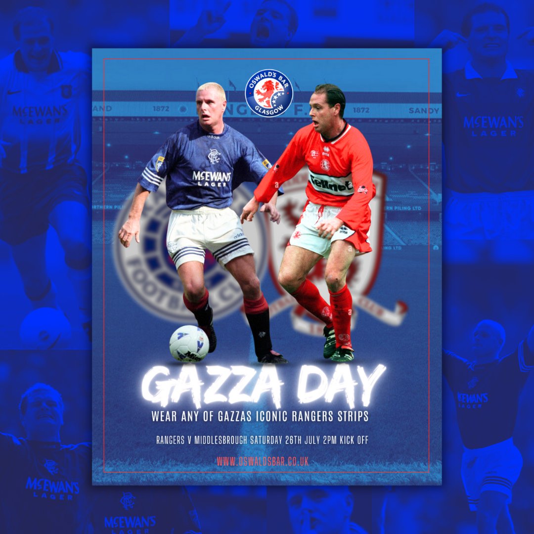 OswaldsBar's tweet image. We're having a GAZZA DAY this Saturday!
Rangers v Middlesbrough lets celebrate the one and only Paul Gascoigne..a true icon for both clubs. 💙❤️
👕 Wear one of Gaza’s iconic Rangers shirts and we’ll give you a FREE SHOT to toast the legend! 🥃
Free Gazza masks & Plenty of Gaza…