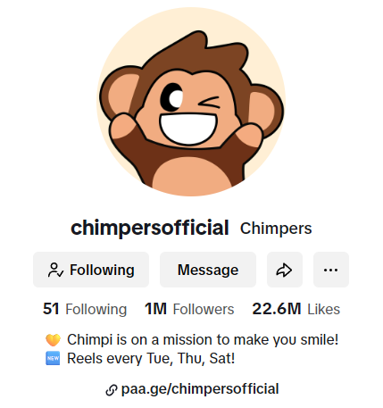 Chimpers just hit 1M followers on TikTok… in only 5 months! 🐒🔥

With over 22.6M likes, one thing is clear: the Chimpers IP is becoming CULTURE.

✅ IP Recognition
This milestone confirms what we’ve seen across other platforms and GIPHY: people love Chimpers. TikTok just made