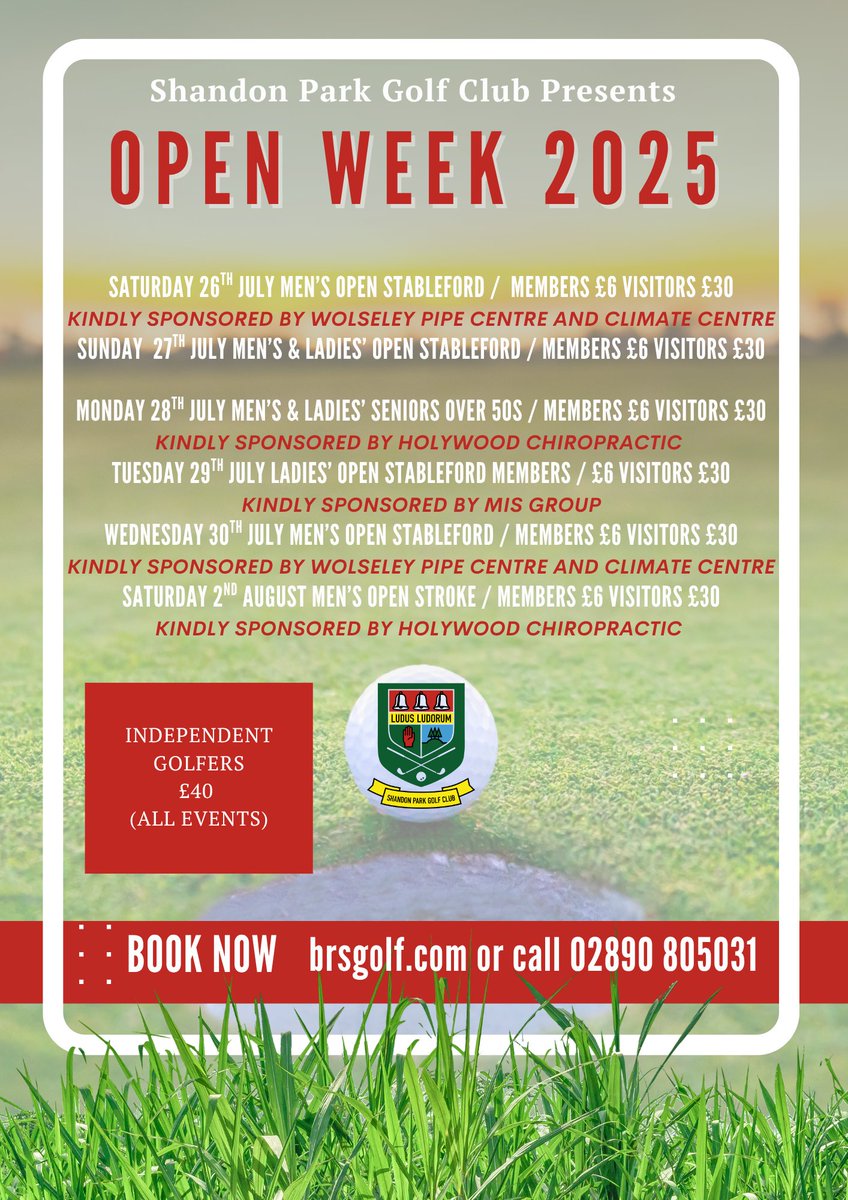 Shandon Park GC (@shandonparkgc) on Twitter photo ๐ Big thanks to Holywood Chiropractic for sponsoring TWO great events at Shandon Park GCโs Open Week 2025! โณ๏ธ
๐ข Mon 28 July โ Seniors Over 50s Stableford
๐ข Sat 2 Aug โ Menโs Open Stroke
๐ฒ Book: visitors.brsgolf.com/shandonpark#/oโฆ
๐ 02890 805031
#ShandonOpenWeek2025 #GolfNI #TeeItUp ๐ Big thanks to Holywood Chiropractic for sponsoring TWO great events at Shandon Park GCโs Open Week 2025! โณ๏ธ
๐ข Mon 28 July โ Seniors Over 50s Stableford
๐ข Sat 2 Aug โ Menโs Open Stroke
๐ฒ Book: visitors.brsgolf.com/shandonpark#/oโฆ
๐ 02890 805031
#ShandonOpenWeek2025 #GolfNI #TeeItUp