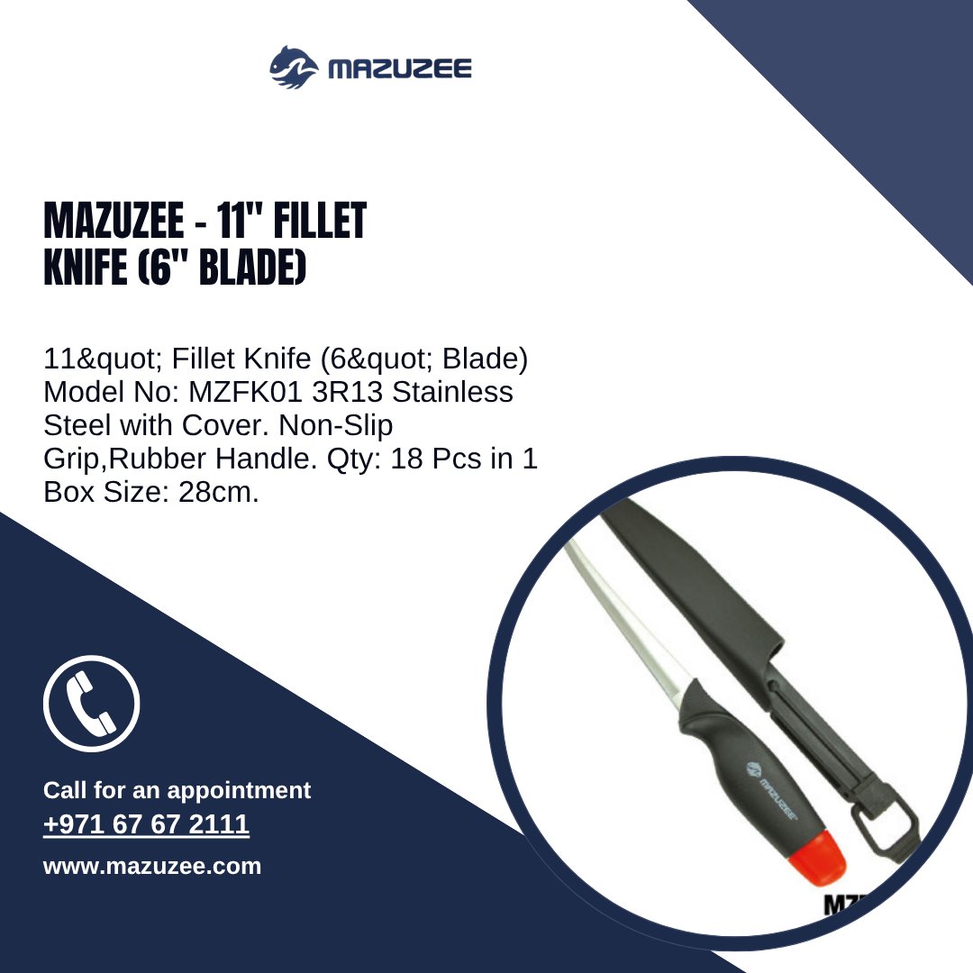 uae_mazuzee's tweet image. The MAZUZEE 11" Fillet Knife (6" Blade) has the main feature of its being made of 3R13 stainless steel of high quality and with a blade tip guard.
Visit our site: mazuzee.com/index.php?rout…
#FilletKnife #FishingTools #StainlessSteelKnife #RubberHandleKnife #FishingEquipment #Mazuzee