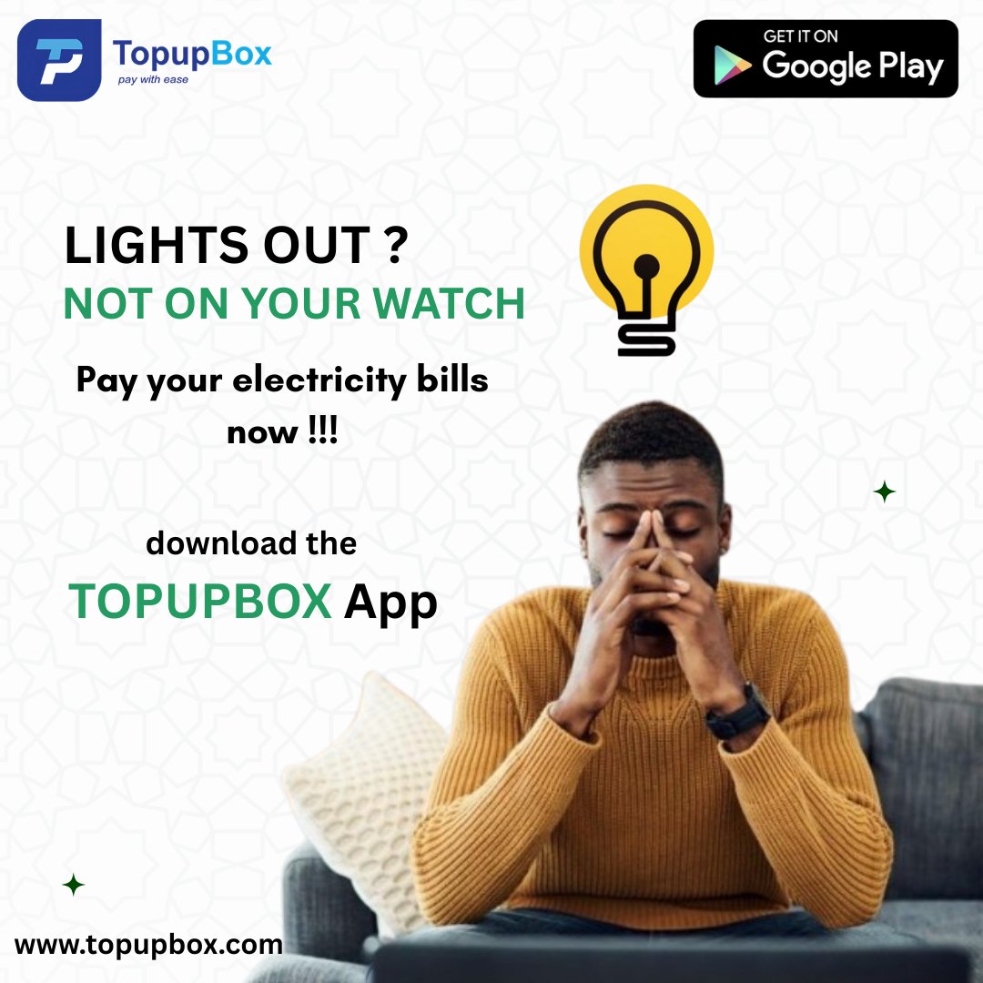 topupboxHQ's tweet photo. ⚡ Lights out? Not on your watch!
Stay ahead of power outages — pay your electricity bills instantly with the TopupBox App.
Download now on Google Play.
#Hashtags:
#TopupBox #ElectricityMadeEasy #PowerUpNigeria #PayYourBills #DigitalPayment #UtilitiesSimplified #NoMoreDarkness https://t.co/zqlZzn3c41