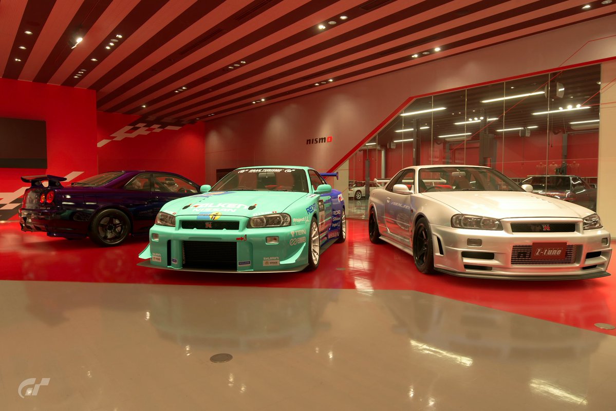 AyatokigT's tweet image. ニスモが追加されてる!!
R34のZ-tune、1台3億する!たっか!!
パープルすき!!良い色!!
とりあえず3台買っといたので並べてみた
1台だけワイドボディにした、他の方のファルケンカラーお借りしました!!
かっこいいいい
#GT7
#GTR