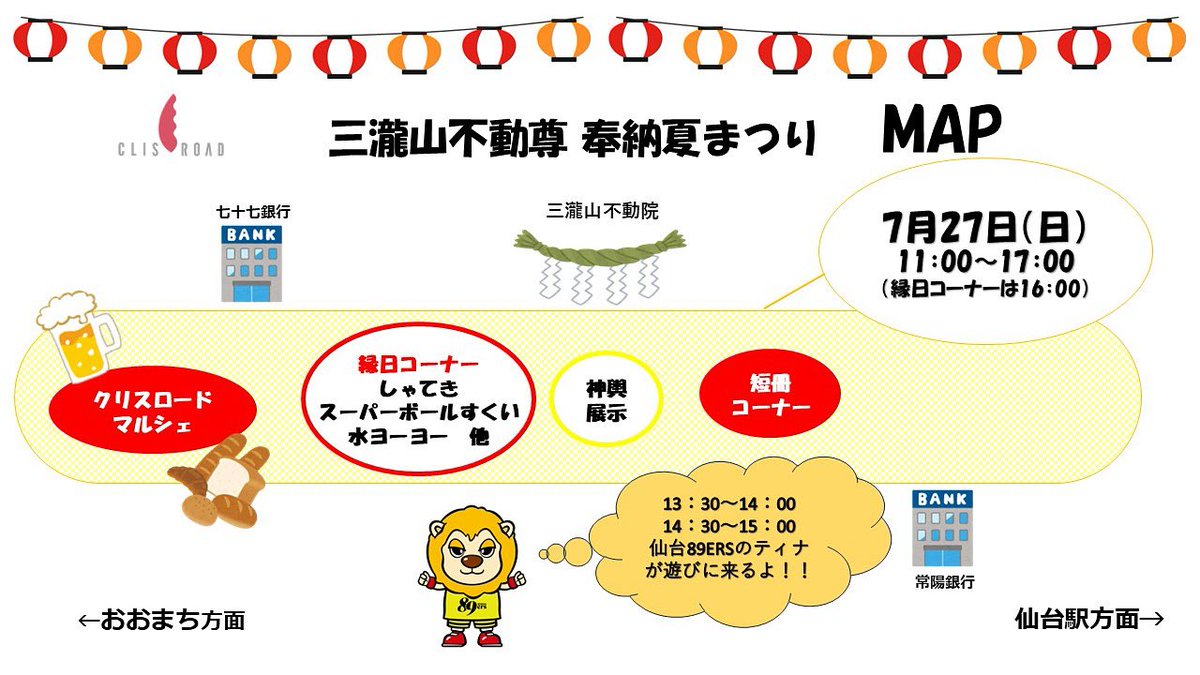 7月27日（日）三瀧山不動奉納夏まつり縁日開催！
クリスロードマルシェは大人気イベントのおかしマルシェから 13店舗、秋保クラフトビールのGreat DaneBrewing、クリスロード内の店舗から飛梅お茶の井ヶ田が
出店🍻🥐
午後は仙台89ERSのティナが遊びに来るよ！！！！
#クリスロード　#夏まつり