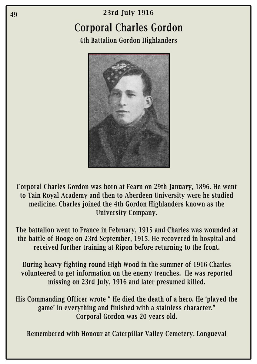 TainMuseum's tweet image. 23–24 July 1916 | Tain Remembers
Four young men from our area fell during the bitter fighting at High Wood on the Somme:
Cpl Charles Gordon
Sgt Andrew Fraser
Sgt William Fridge
Pte Kenneth Munro
#WWI #TainHistory #BattleoftheSomme #LestWeForget