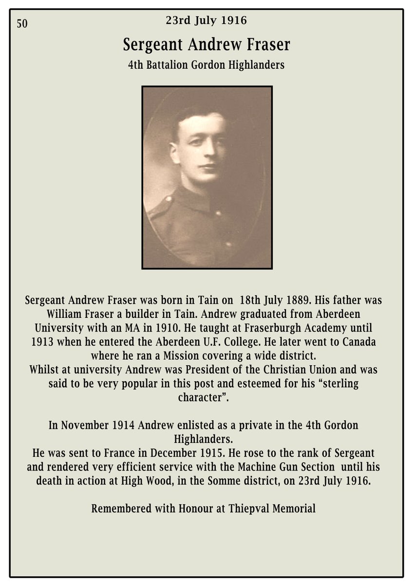 TainMuseum's tweet image. 23–24 July 1916 | Tain Remembers
Four young men from our area fell during the bitter fighting at High Wood on the Somme:
Cpl Charles Gordon
Sgt Andrew Fraser
Sgt William Fridge
Pte Kenneth Munro
#WWI #TainHistory #BattleoftheSomme #LestWeForget