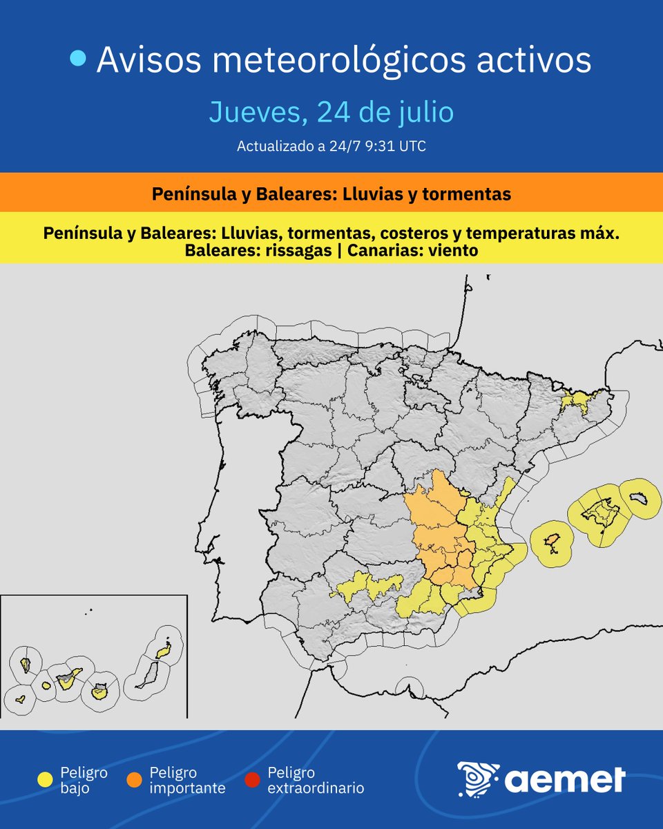 AEMET_Esp's tweet image. ⛈️Lluvias y tormentas muy fuertes | Este de la Península y Baleares.
→ Acumulados de más de 30 mm en menos de una hora: chubascos intensos que pueden provocar algunas inundaciones.
→ Posibilidad de granizo grande.
Consulta el estado de las carreteras si vas a viajar.