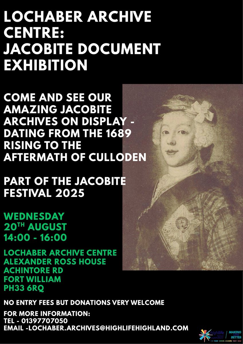 HLHArchives's tweet image. Upcoming event at the Lochaber Archive Centre!
Jacobite Document Exhibition
Wednesday 20th August, 14:00 - 16:00
No entry fees but donations welcome
Part of the Jacobite Festival 2025
Hope to see you there!