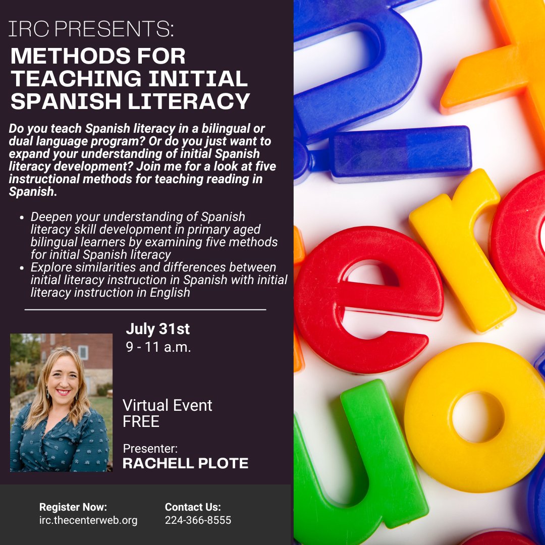 IL_Resource_Ctr's tweet image. What instructional methods are best for teaching Spanish literacy your dual language, bilingual or general Spanish classroom? Join Rachell Plote for an exploration of five introductory methods to enhance your classroom learning next week!