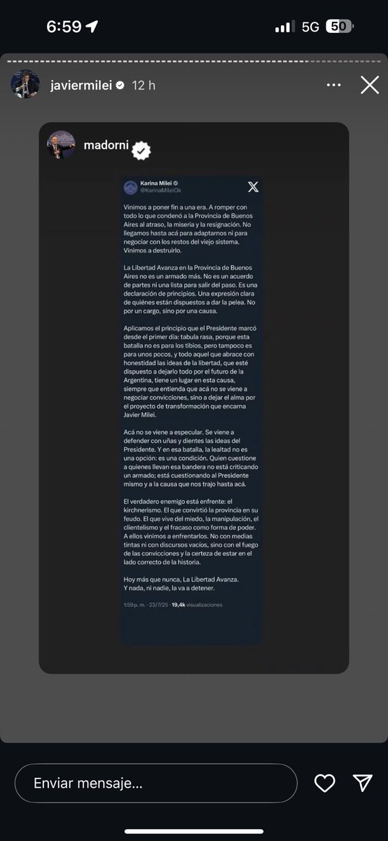 rindart's tweet image. Por si alguno aún cree que Milei no avala TODO lo que decide Karina. Y que ella tiene la guillotina.