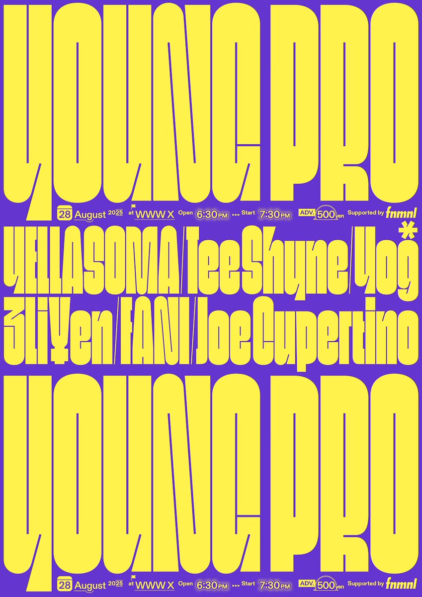 Spincoaster/スピンコースター (@spincoaster) on Twitter photo 【NEWS】WWW主催『YOUNG PRO』8月開催
3Li¥en、FANI、Joe Cupertino、Tee Shyne、YELLASOMA、Yog*出演spincoaster.com/news/www-pre-y… <a href="/WWW_shibuya/">WWW / WWW X</a> 【NEWS】WWW主催『YOUNG PRO』8月開催
3Li¥en、FANI、Joe Cupertino、Tee Shyne、YELLASOMA、Yog*出演spincoaster.com/news/www-pre-y… <a href="/WWW_shibuya/">WWW / WWW X</a>
