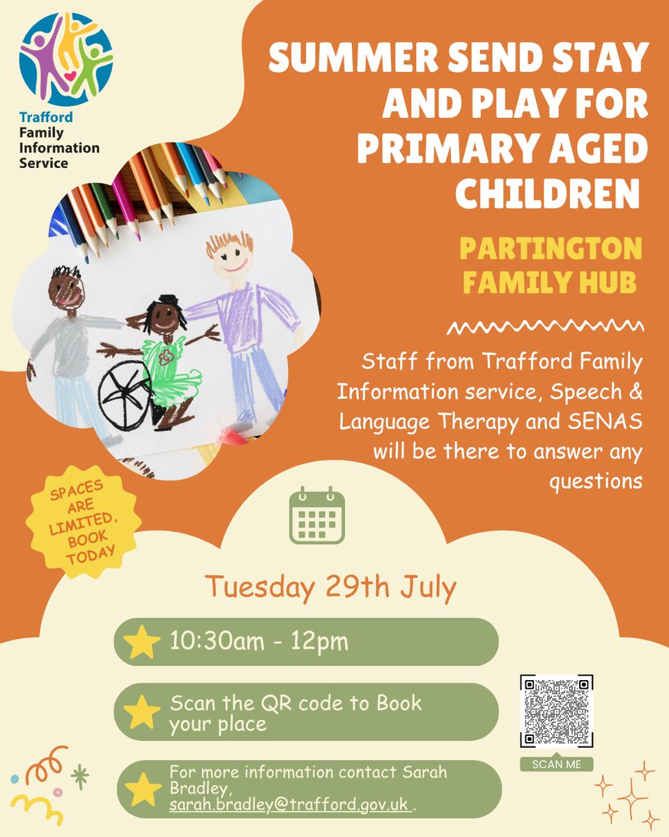 TraffordFIS's tweet image. 🌟 Join us for **Summer SEND Stay and Play** at Partington Family Hub on **29th July, 10:30 - 12:00**!✨ For primary-aged children with physical disabilities. Enjoy the sensory room and soft play! 🎉 Limited spaces—book here 👇 ow.ly/HycY50Wt8Ue