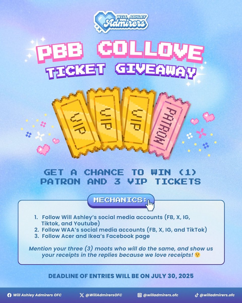 WillAdmirersOFC's tweet image. PBB COLLOVE TICKET GIVEAWAY!
Hey WILLievers, this is for you! 💙
Get a chance to win a ticket (VIP or Patron, all with sound check) for this upcoming PBB Collove concert on August 10, 2025.
Four (4) lucky winners (3 VIP ticket winners and 1 Patron ticket winner) will be chosen…
