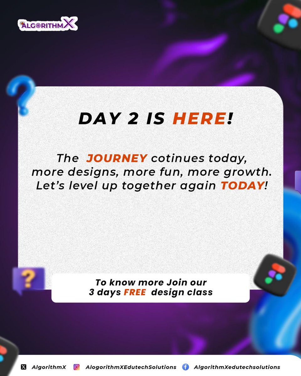 AlgorithmX_124's tweet image. Day 2 is HERE! 🎉
More design. More fun. More growth.
Let’s level up again TODAY in our 3-day FREE UI/UX class!
Missed Day 1? No worries — you can still join us!
   The link is still in our bio. Do well to register!!
🚀 #AlgorithmX
      #UIUXDesign 
      #DesignClass 
    #Day2