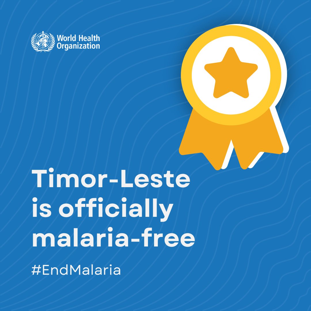 World Health Organization (WHO) (@who) on Twitter photo Congratulations! #TimorLeste 🇹🇱 has become the third country in <a href="/WHOSEARO/">World Health Organization South-East Asia</a> to be certified malaria-free by WHO.
Since gaining independence in 2002, the country has made remarkable progress to #EndMalaria, reducing cases from a peak of over 223 000 in 2006 to zero indigenous cases Congratulations! #TimorLeste 🇹🇱 has become the third country in <a href="/WHOSEARO/">World Health Organization South-East Asia</a> to be certified malaria-free by WHO.
Since gaining independence in 2002, the country has made remarkable progress to #EndMalaria, reducing cases from a peak of over 223 000 in 2006 to zero indigenous cases
