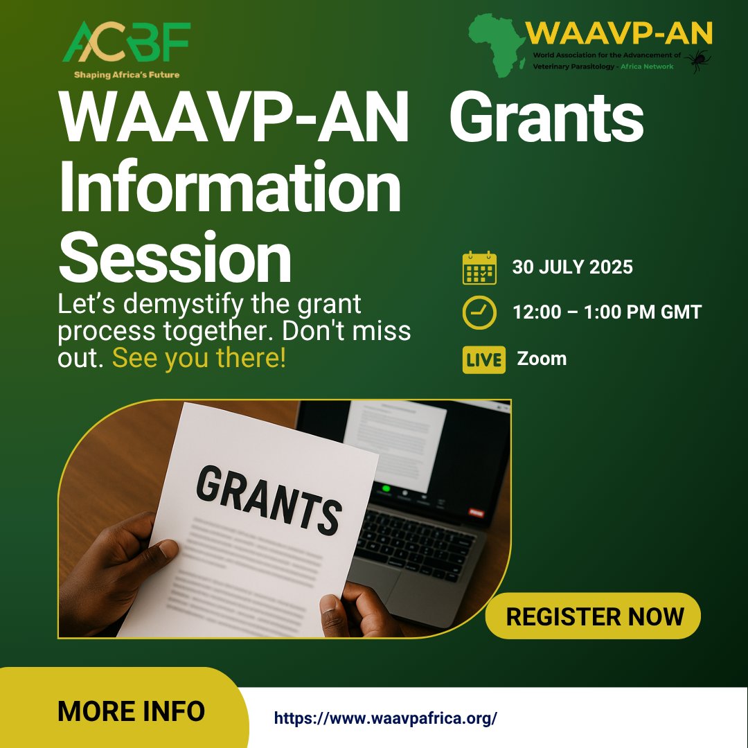 Upcoming WAAVP-AN Grants Information Session.
This session is a Q&amp;A discussion. Register using: us02web.zoom.us/meeting/regist…  to secure your spot, send your questions in advance to ✉️info@waavpafrica.org and help us prepare precise responses to your queries.
#VeterinaryParasitology