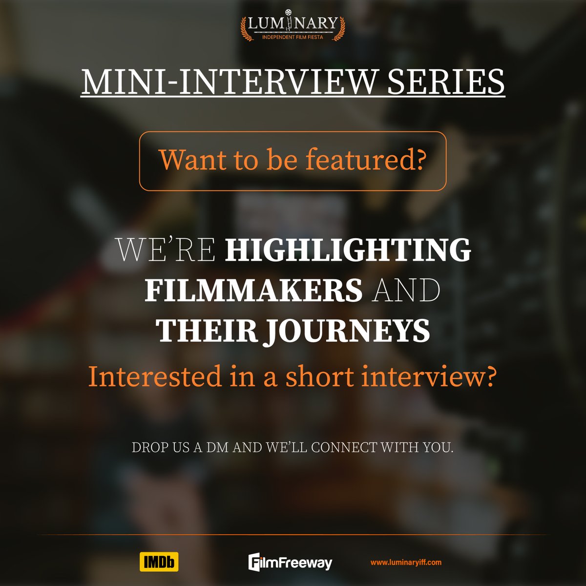 Luminary_iff's tweet image. 🎬 Our Mini-Interview Series is live!
We’re spotlighting filmmakers, their creative journeys, and lessons learned along the way.
Want to be featured in a quick 3-question chat? Drop us a DM — let’s share your story!

#FilmmakerSpotlight #MiniInterview #IndieFilm #CreativeJourney