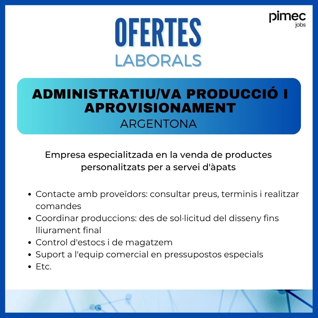 💼Des de #Pimecjobs estem buscant els següents perfils de feina.  Si hi estàs interessat/ada, només has d'anar al nostre perfil de Linkedin per aplicar a les ofertes!          

👉 bit.ly/4f1FJoQ