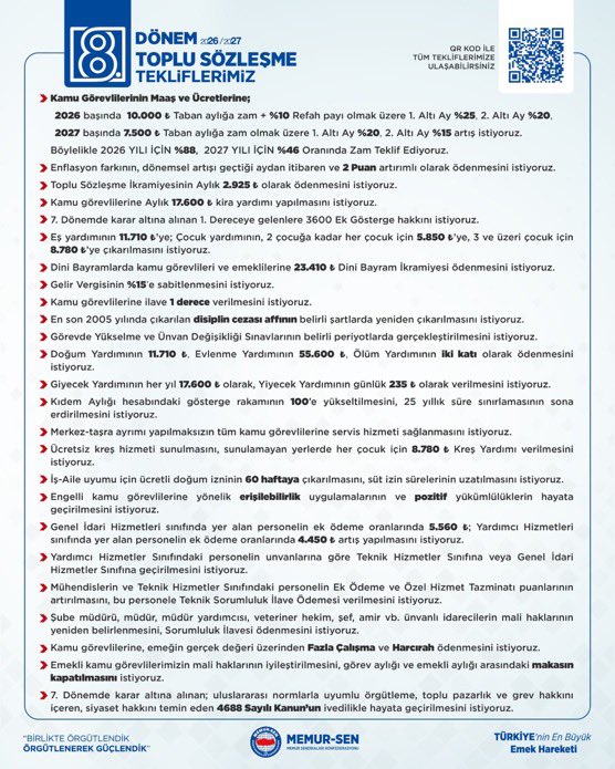 Yetkili Konfederasyon Memur-Sen olarak Kamu Görevlilerinin Geneline İlişkin 

İŞTE 8. DÖNEM TOPLU SÖZLEŞME TEKLİFLERİMİZ

 🔹 2026 için 6’şar aylık dönemler itibariyle; 
{10.000 TL (Taban Aylığı)+ %10 (Refah Payı) + %25} + {%20]  Olmak üzere toplamda %88 artış teklif ediyoruz.