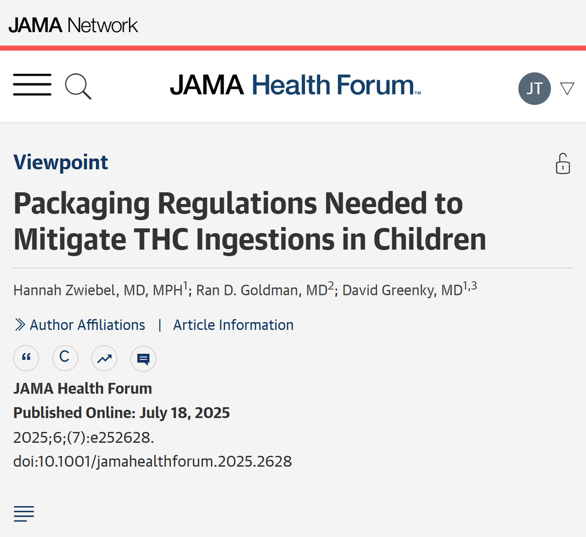 JAMAHealthForum's tweet image. Viewpoint: Accidental #THC ingestions in children are rising, prompting the need for improved packaging regulations and safety measures to prevent unintentional consumption. ja.ma/4lB76Zn