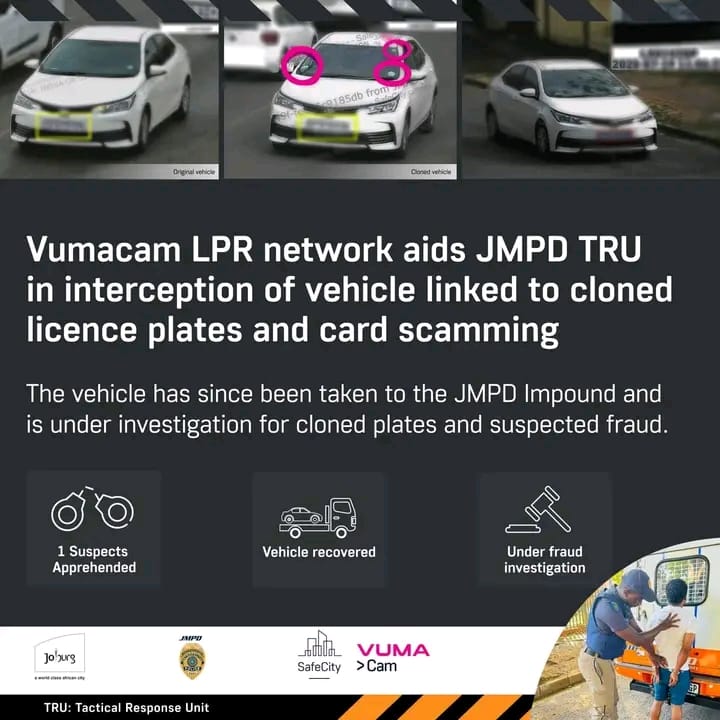 PublicSafetyMMC's tweet image. ♦️SUCCESS REPORT♦️
JMPD Crime Prevention Unit has successfully intercepted a vehicle linked to card scamming and number plate cloning. The operation was activated following an alert from Vumacam’s LPR network, which flagged the suspicious vehicle.
Officers moved swiftly to stop…