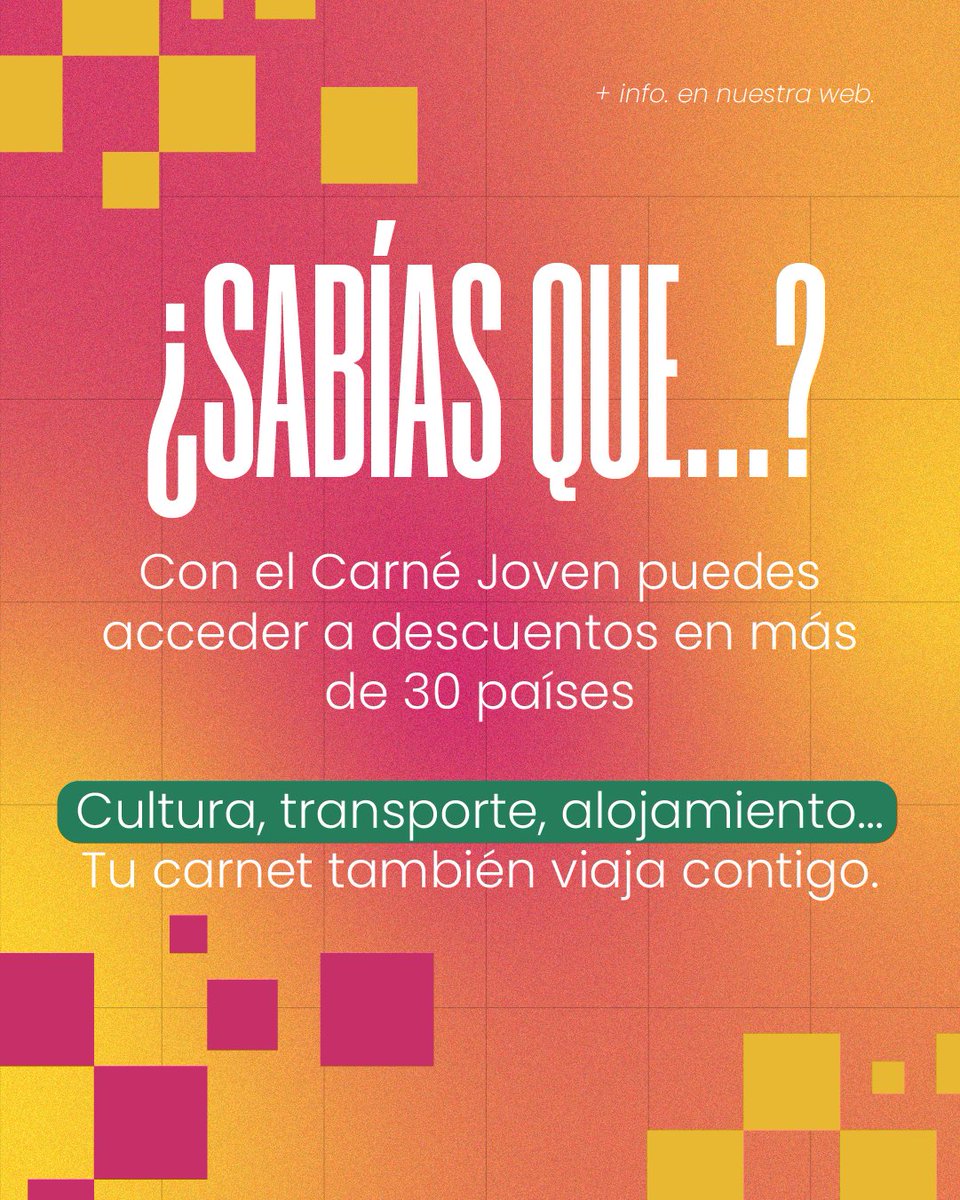 ¡Tu Carné Joven Cyl viaja contigo! 🌍✈️

Descuentos en +30 países: museos, trenes, hostels… ¡todo más barato! 🏛️🎨📸

🔍 Más info en la web (lleva DNI y tu Carné Joven) 😉

#CarnéJovenCYL #ViajarConDescuento #DescuentosJóvenes