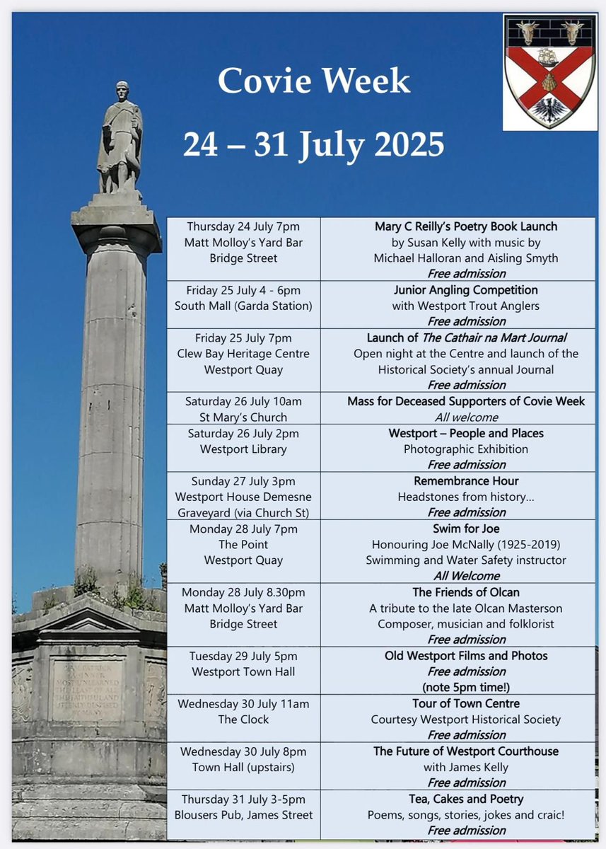 MayoDotIE's tweet image. Covie Week 2025 gets underway today with events taking place up to July 31st!

Whether you’re a born-and-bred Covie or simply have a special place in your heart for Westport, this week is for you!

Check out the list of events taking place.