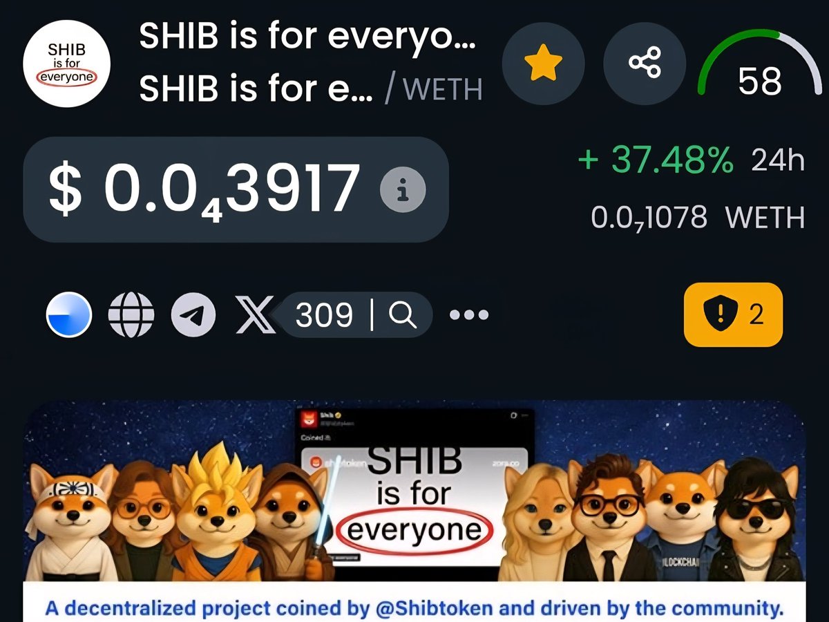 SHIBis4everyone's tweet photo. 🔥 Zora is on fire and “SHIB is for everyone” just pumped +37%!

The memecoin season isn’t slowing down — culture is eating crypto for breakfast. 🍽️🐶💥

#SHIB #Zora #Crypto #Memecoins https://t.co/wfRIBqsfDq