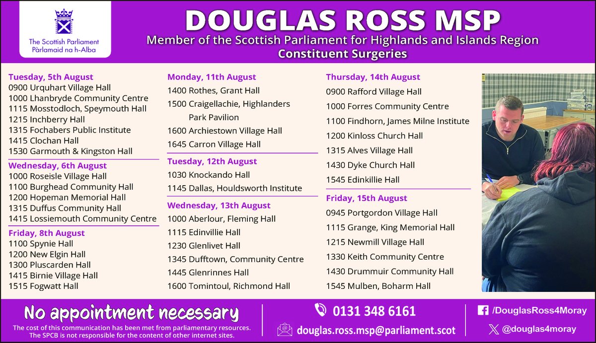Douglas4Moray's tweet image. 🗓 I’ll be holding summer surgeries across Moray from 5 to 15 August – with stops in over 30 towns and villages including Keith, Lossiemouth, Forres, Dufftown and many more.
No appointment needed – just come to raise any local or national issues.