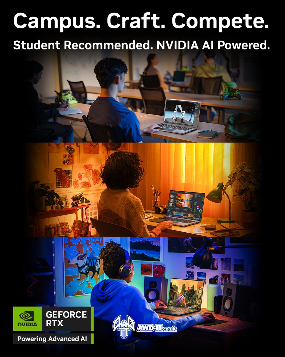 awdit's tweet image. Back to class? Bring gear that actually shows up to work.
Whether it's 3D rendering, Premiere Pro, or just rendering teammates useless in Valorant.
NVIDIA® GeForce RTX™ 40 & 50 Series laptops and desktops have you covered.
🎓 Study hard. Game harder.
📚 Shop the…