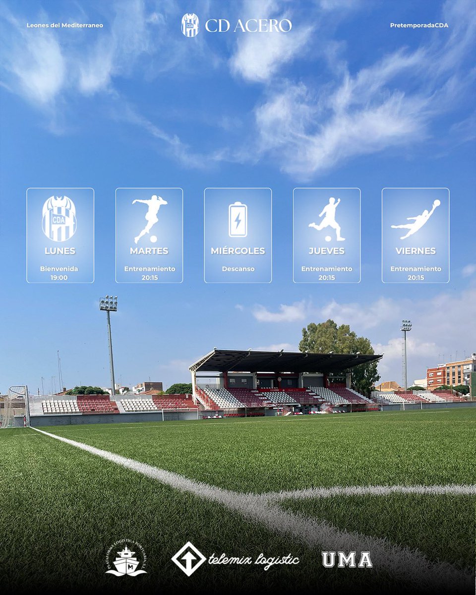 🦁 Este lunes 28 de julio arranca la pretemporada 25/26 del CD Acero en El Fornás.

🔹 Lunes: Bienvenida 19:00
🔹 Mar, Jue y Vie: Entrenos 20:15
🔹 Mié: Descanso

Los Leones empiezan el camino.