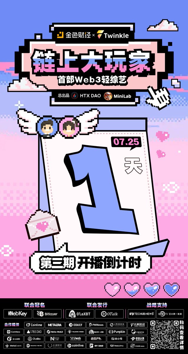 JinseFinance's tweet image. 💗甜蜜的信号,即将满格!💗
🚀链上大玩家第三期恋综上线倒计时,明晚等你赴约❤️
🔥由金色财经 @JinseFinance ✘ Twinkle @Web3Twinkle 发起,HTX DAO @HTX_DAO 、MiniLab @Minilaboratory 总出品,Webkey @WebKey01 、Bitlayer @BitlayerCN 联合冠名,OLaXBT @olaxbt 、OTalk @OtalkWeb3…
