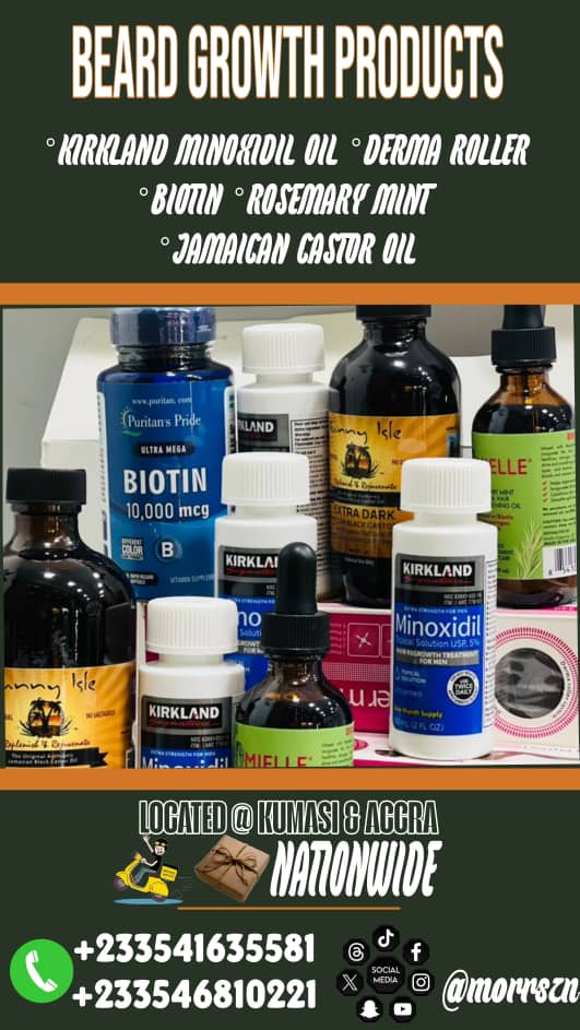 gyermii's tweet image. Beard Growth Products available
Kirkland Minoxidil ¢80
Derma Roller ¢50
Biotin ¢80
Millie Mint ¢80
Castor Oil ¢150
Derma Stamp ¢120

hit me up for enquiries
wa.me/+233546810221 or DM 
Kumasi Adum and Tema Dawhenya Parcel delivery available nationwide