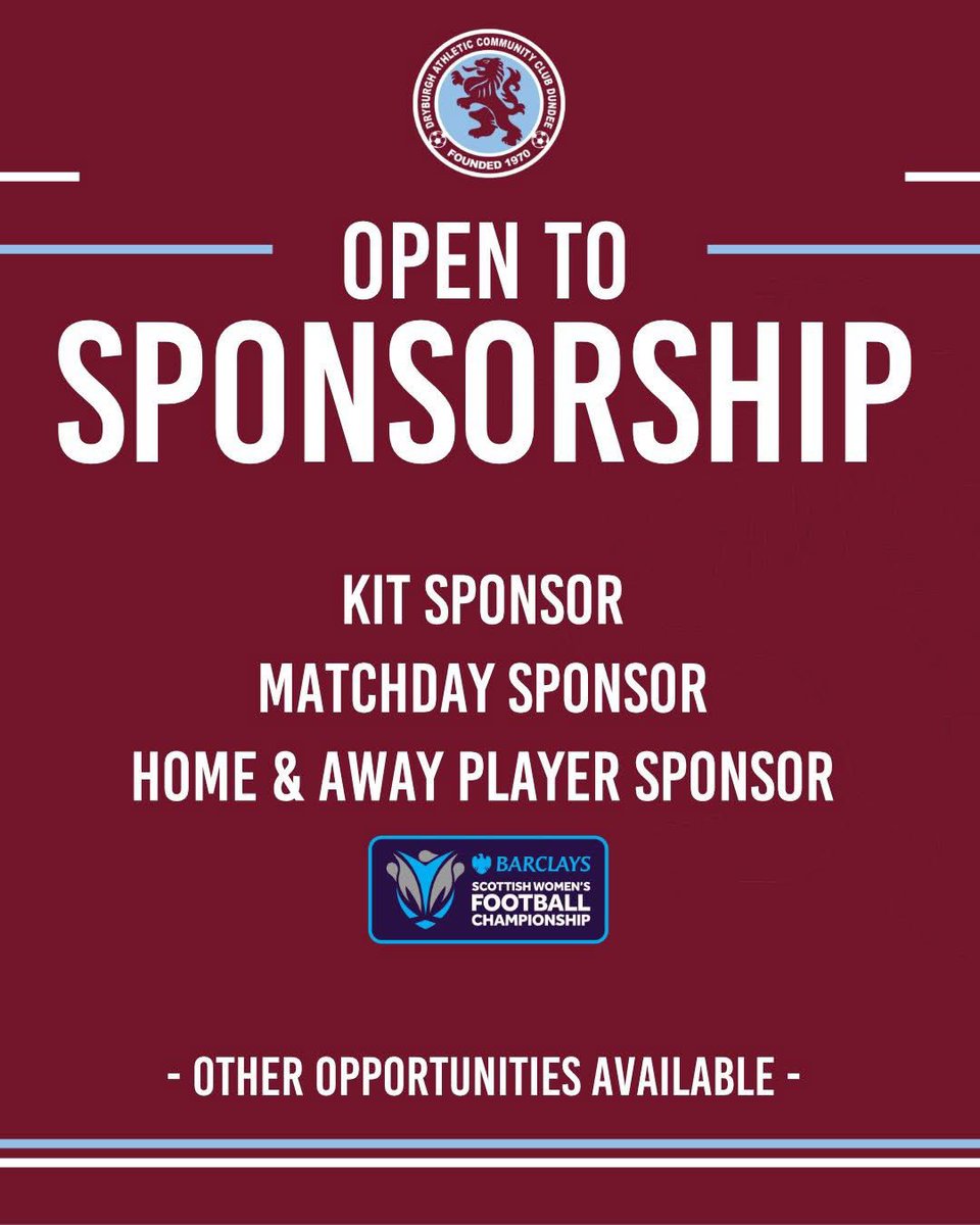 Dryburgh Athletic Women (@dryburghathw) on Twitter photo ๐บ๐๐๐๐๐๐ ๐๐ ๐
With the <a href="/SWFChampionship/">Barclays Scottish Women's Championship</a> 25/26 fixtures for the new season now out, we are actively looking for companies/businesses/individuals to join as Club partners and sponsors.
For any sponsorship enquiries please email dryburghwomen@gmail.com or DM here ๐ฒ ๐บ๐๐๐๐๐๐ ๐๐ ๐
With the <a href="/SWFChampionship/">Barclays Scottish Women's Championship</a> 25/26 fixtures for the new season now out, we are actively looking for companies/businesses/individuals to join as Club partners and sponsors.
For any sponsorship enquiries please email dryburghwomen@gmail.com or DM here ๐ฒ
