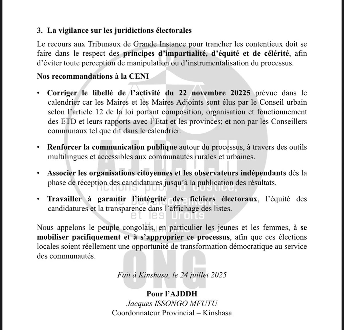 #RDC
La publication du calendrier des élections urbaines et municipales est une réponse positive au plaidoyer mené par <a href="/AJDDH6/">AJDDH</a> pour la gouvernance démocratique locale en RDC. 
Cependant, nous évoquons dans ce communiqué les mesures essentielles qui doivent l’accompagner. 👇🏿